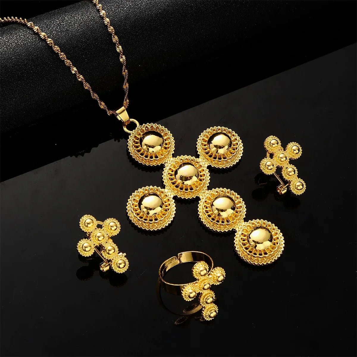 Ethiopian Gold Jewelry Set | Habesha Pendant, Earrings & Ring - EthGebya