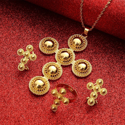 Ethiopian Gold Jewelry Set | Habesha Pendant, Earrings & Ring - EthGebya