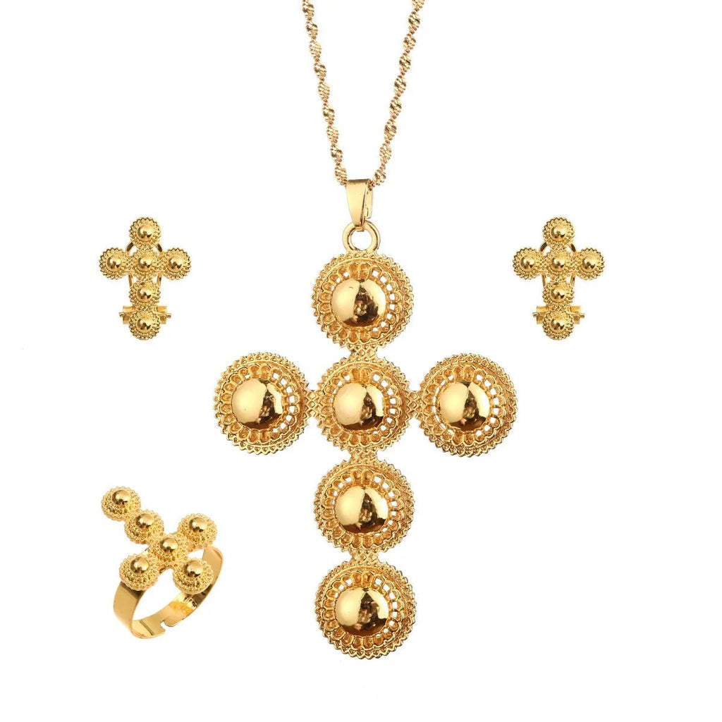 Ethiopian Gold Jewelry Set | Habesha Pendant, Earrings & Ring - EthGebya