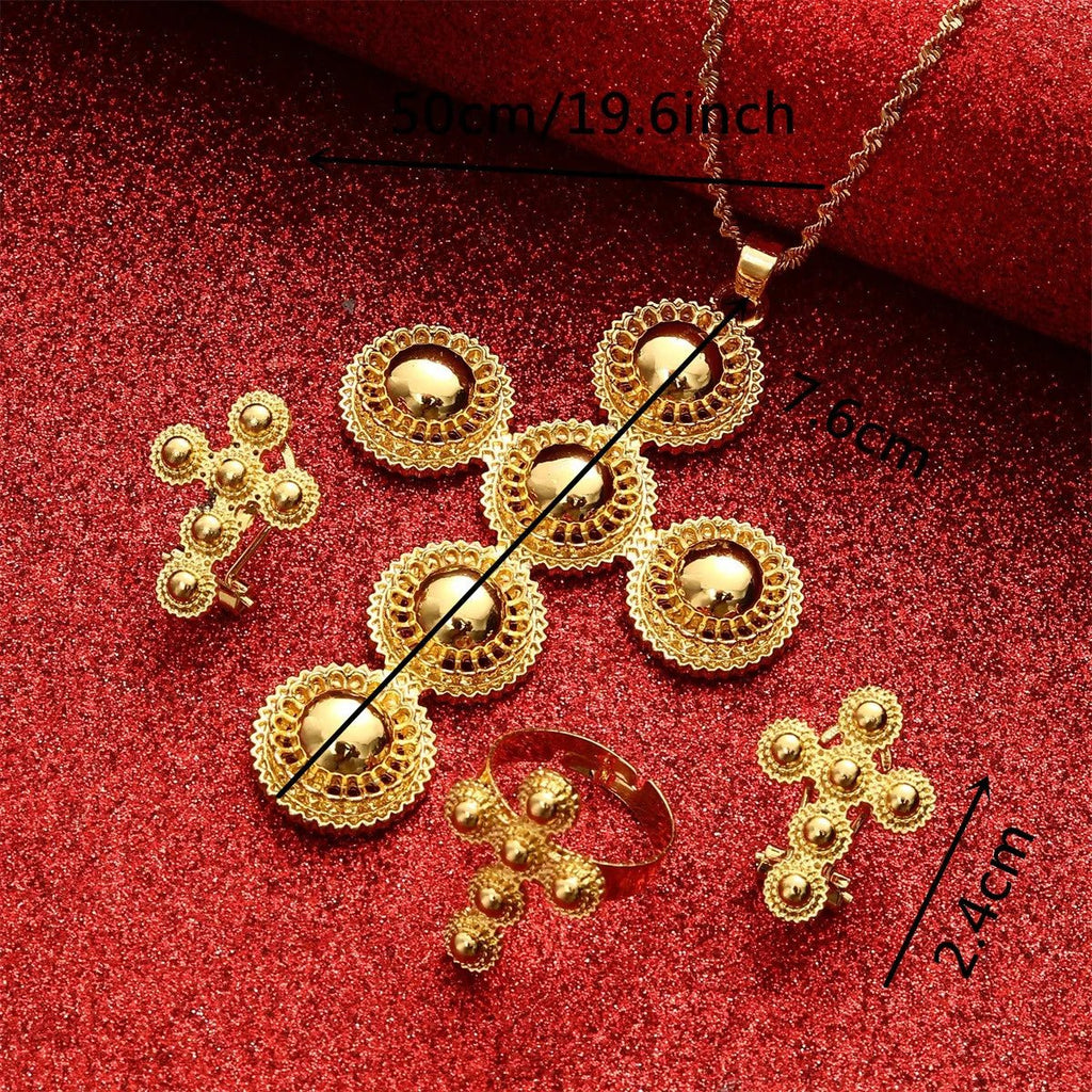 Ethiopian Gold Jewelry Set | Habesha Pendant, Earrings & Ring - EthGebya