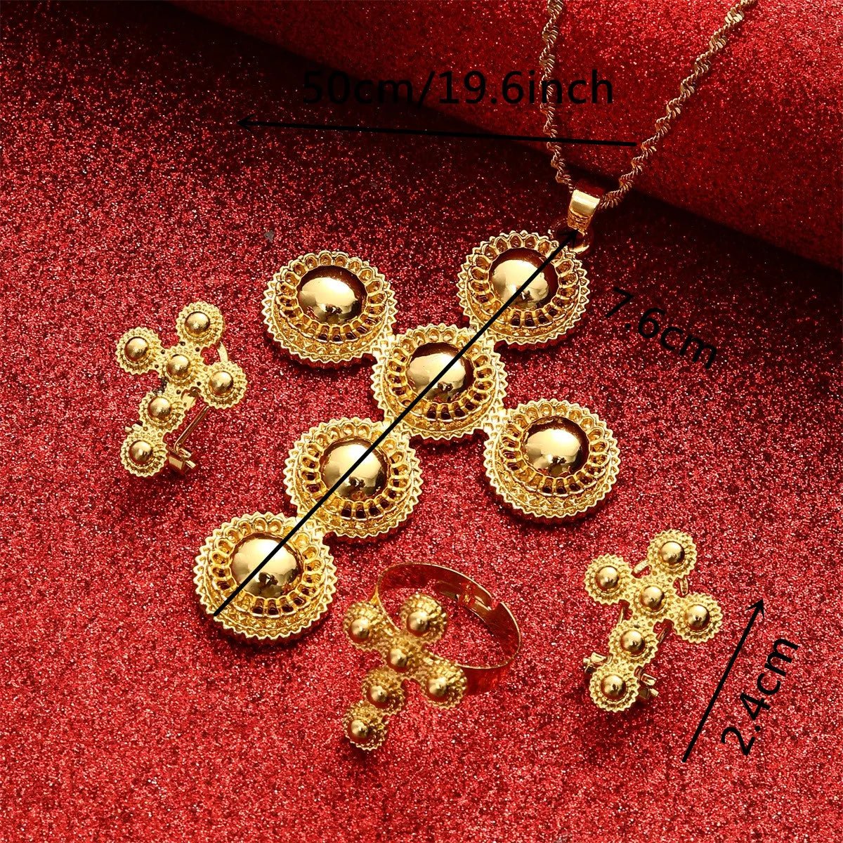 Ethiopian Gold Jewelry Set | Habesha Pendant, Earrings & Ring - EthGebya