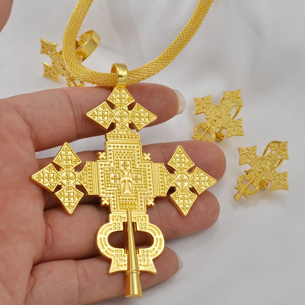 Ethiopian Jewelry Set | Big Cross Pendant Necklace, Earrings & Ring - EthGebya