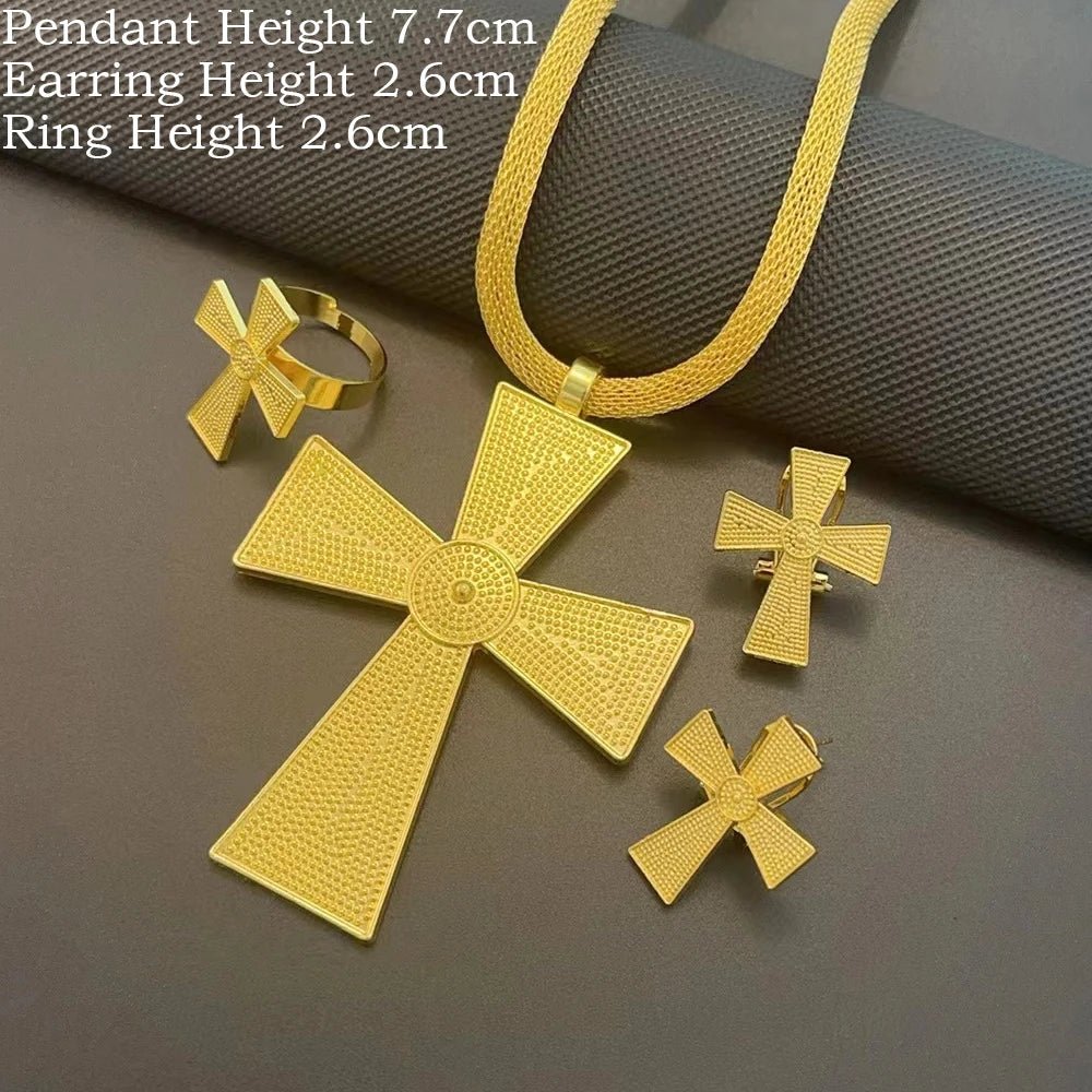 Ethiopian Jewelry Set | Big Cross Pendant Necklace, Earrings & Ring - EthGebya