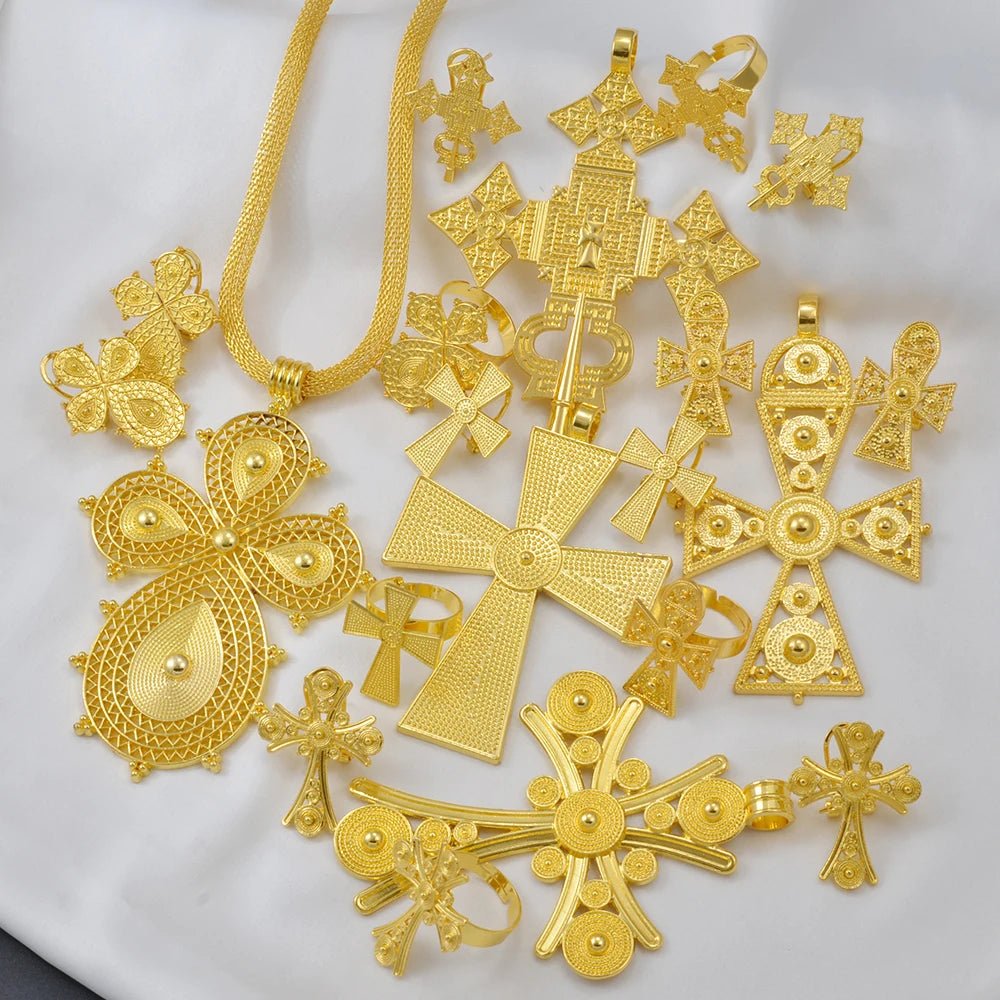 Ethiopian Jewelry Set | Big Cross Pendant Necklace, Earrings & Ring - EthGebya