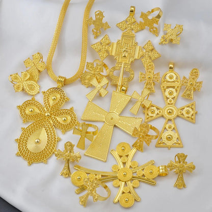 Ethiopian Jewelry Set | Big Cross Pendant Necklace, Earrings & Ring - EthGebya