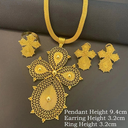 Ethiopian Jewelry Set | Big Cross Pendant Necklace, Earrings & Ring - EthGebya
