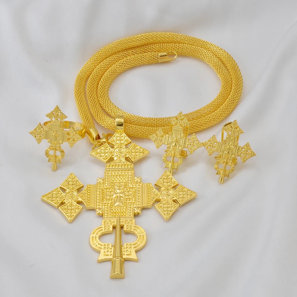Ethiopian Jewelry Set | Big Cross Pendant Necklace, Earrings & Ring - EthGebya