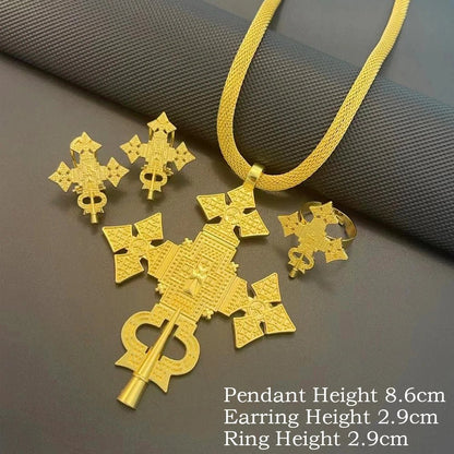 Ethiopian Jewelry Set | Big Cross Pendant Necklace, Earrings & Ring - EthGebya
