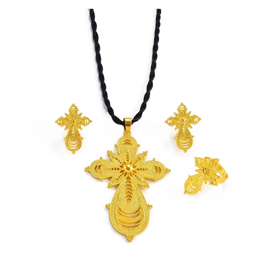 Ethiopian Jewelry Set | Cross Pendant Necklace, Ring & Earrings - EthGebya