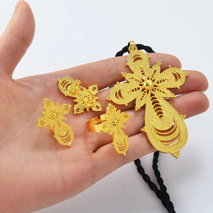 Ethiopian Jewelry Set | Cross Pendant Necklace, Ring & Earrings - EthGebya