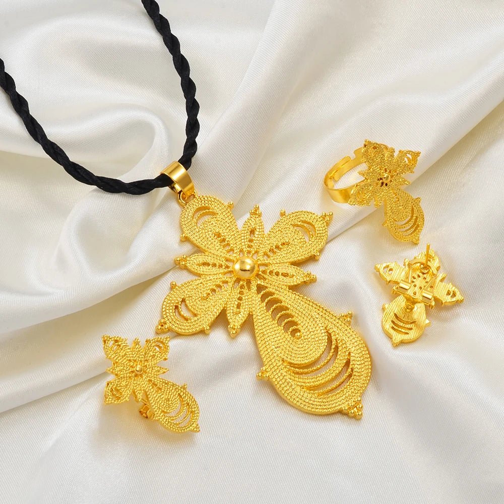 Ethiopian Jewelry Set | Cross Pendant Necklace, Ring & Earrings - EthGebya