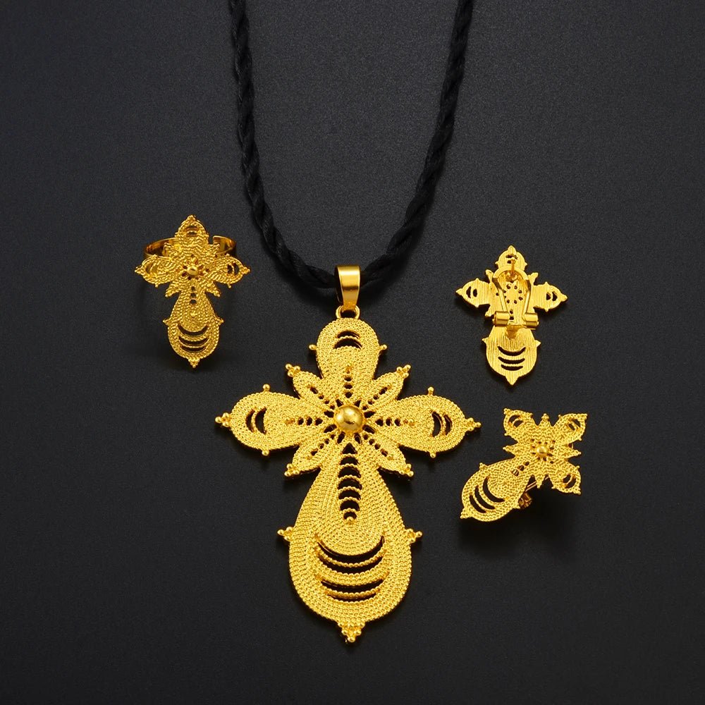 Ethiopian Jewelry Set | Cross Pendant Necklace, Ring & Earrings - EthGebya