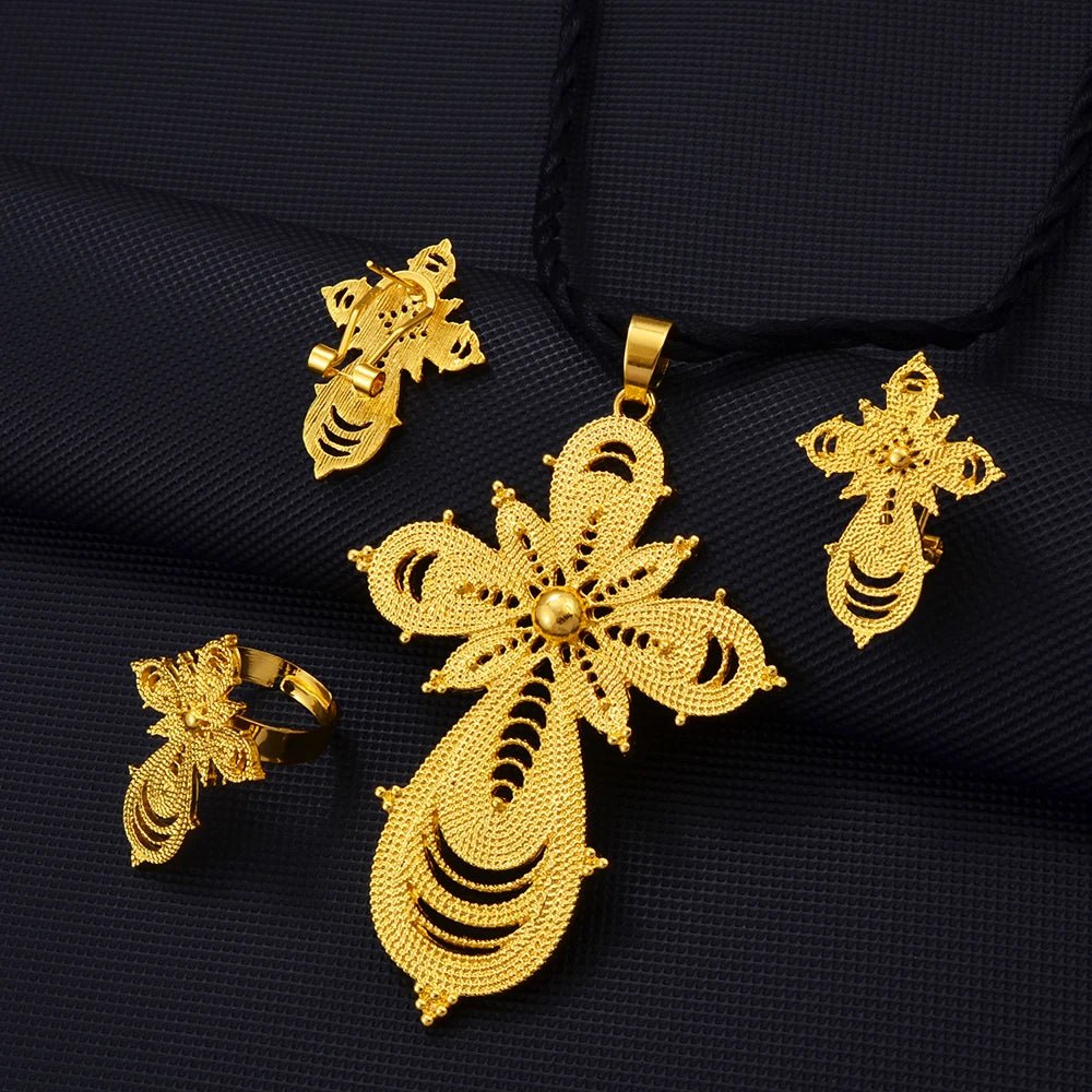 Ethiopian Jewelry Set | Cross Pendant Necklace, Ring & Earrings - EthGebya