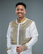 Ethiopian Men’s Shirt – Habesha Men Cultural Shirt, White with Gold Embroidery - EthGebya