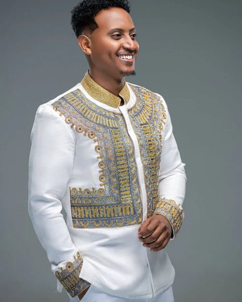 Ethiopian Men’s Shirt – White with Gold Embroidery - EthGebya