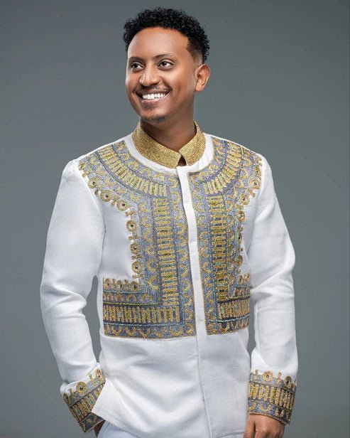 Ethiopian Men’s Shirt – White with Gold Embroidery - EthGebya