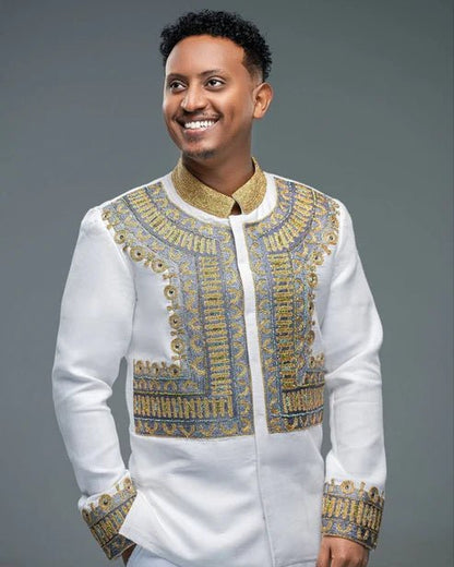 Ethiopian Men’s Shirt – White with Gold Embroidery - EthGebya