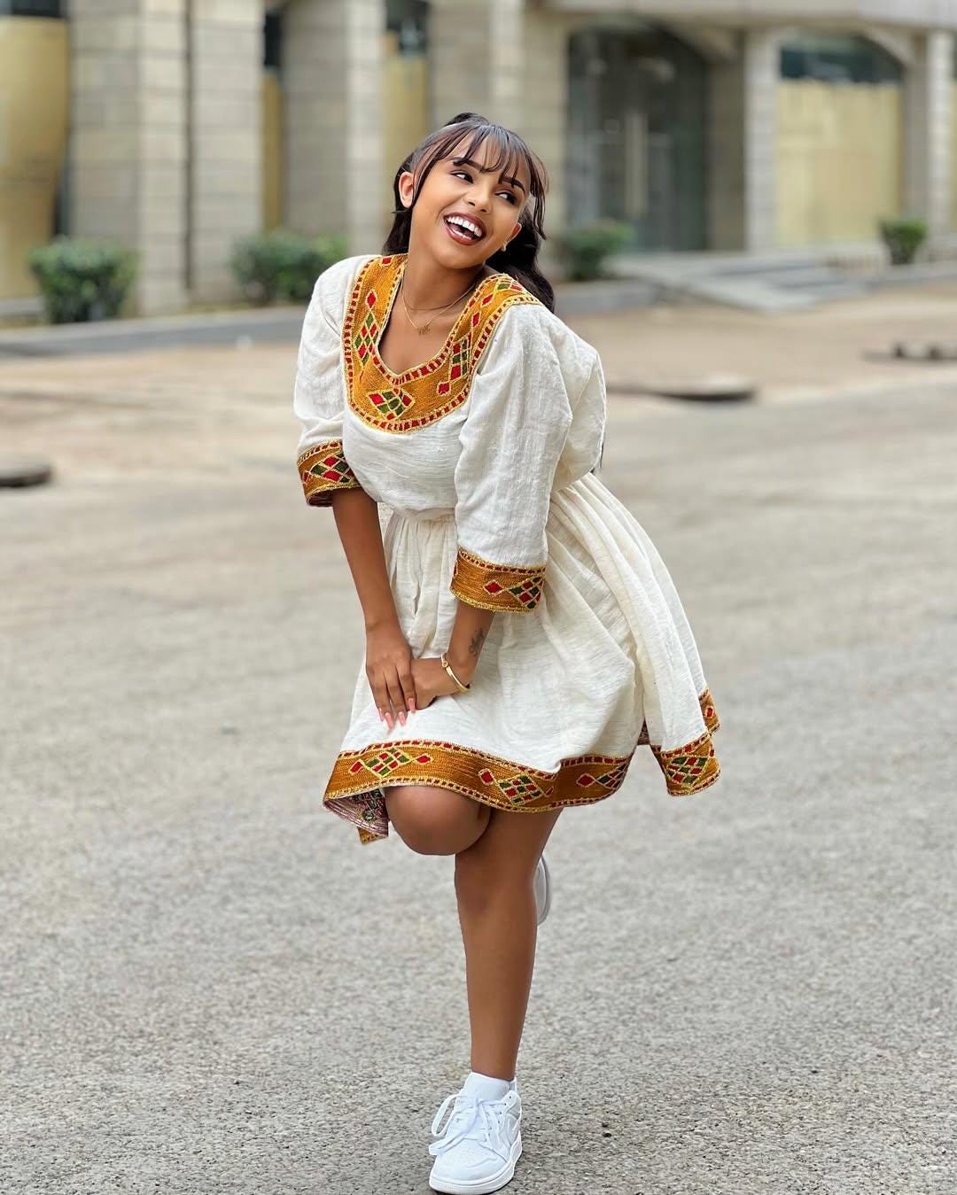 New Short Habesha Dress for Women, Golden Embroidered Modern Ethiopian Kemis, Handwoven Eritrean Zuria Attire, Elegant Traditional Clothing