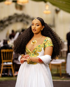 Gold and Green Modern Habesha Kemis | Elegant Ethiopian Dress - EthGebya