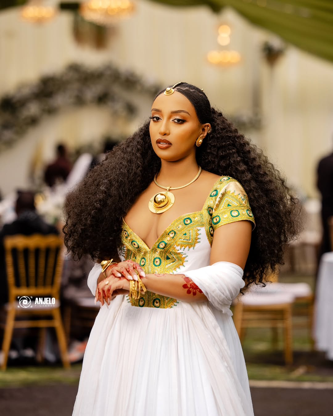Gold and Green Modern Habesha Kemis | Elegant Ethiopian Dress - EthGebya