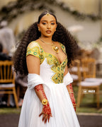 Gold and Green Modern Habesha Kemis | Elegant Ethiopian Dress - EthGebya