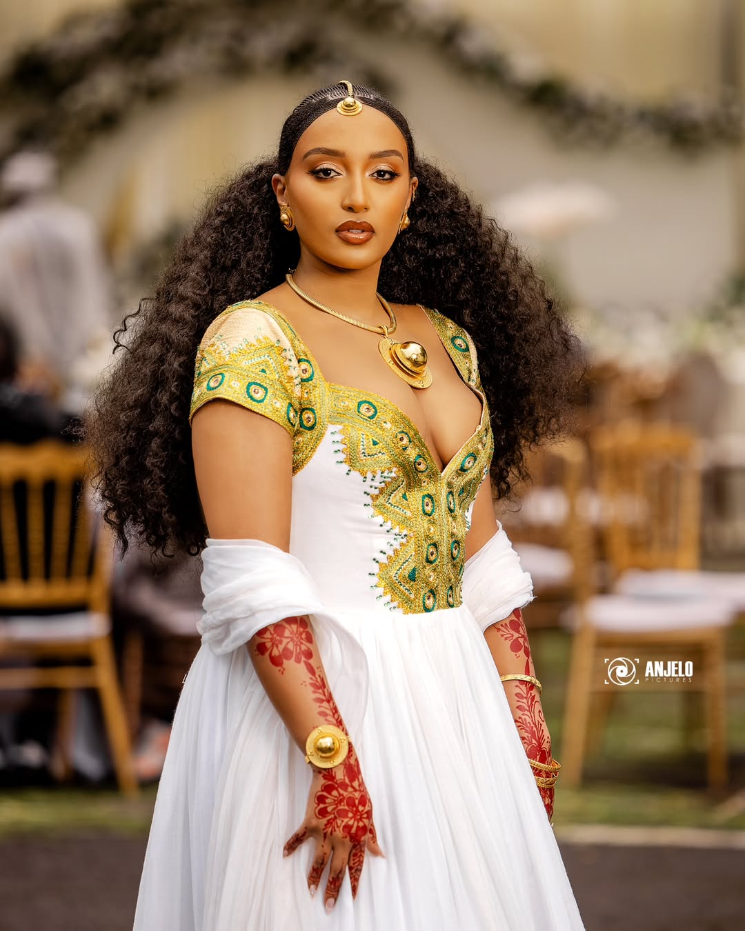 Gold and Green Modern Habesha Kemis | Elegant Ethiopian Dress - EthGebya