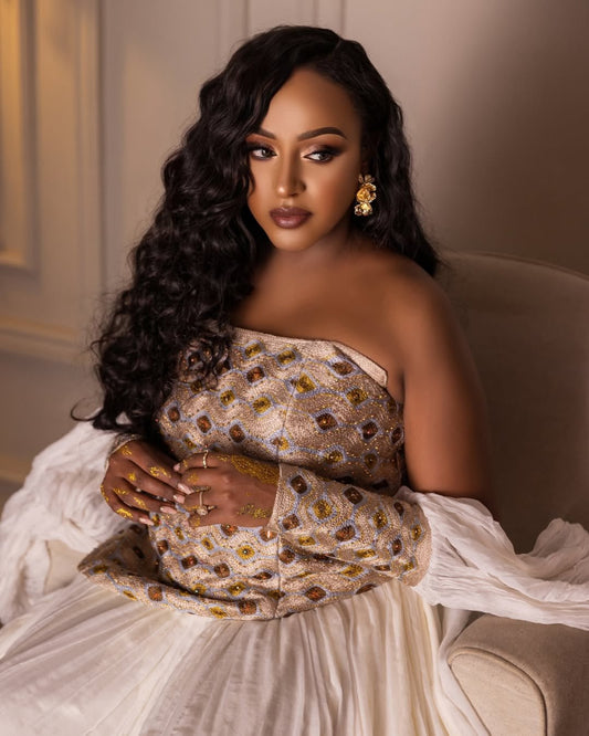 Gold, Brown & Silver Modern Habesha Kemis | Elegant Ethiopian Dress - EthGebya