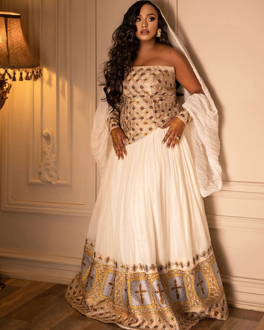 Gold, Brown & Silver Modern Habesha Kemis | Elegant Ethiopian Dress - EthGebya