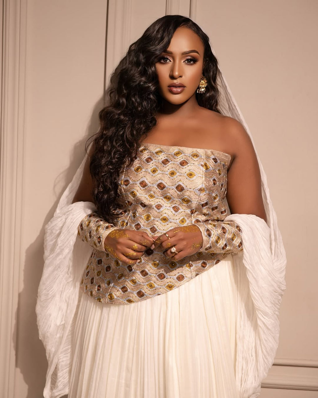 Gold, Brown & Silver Modern Habesha Kemis | Elegant Ethiopian Dress - EthGebya