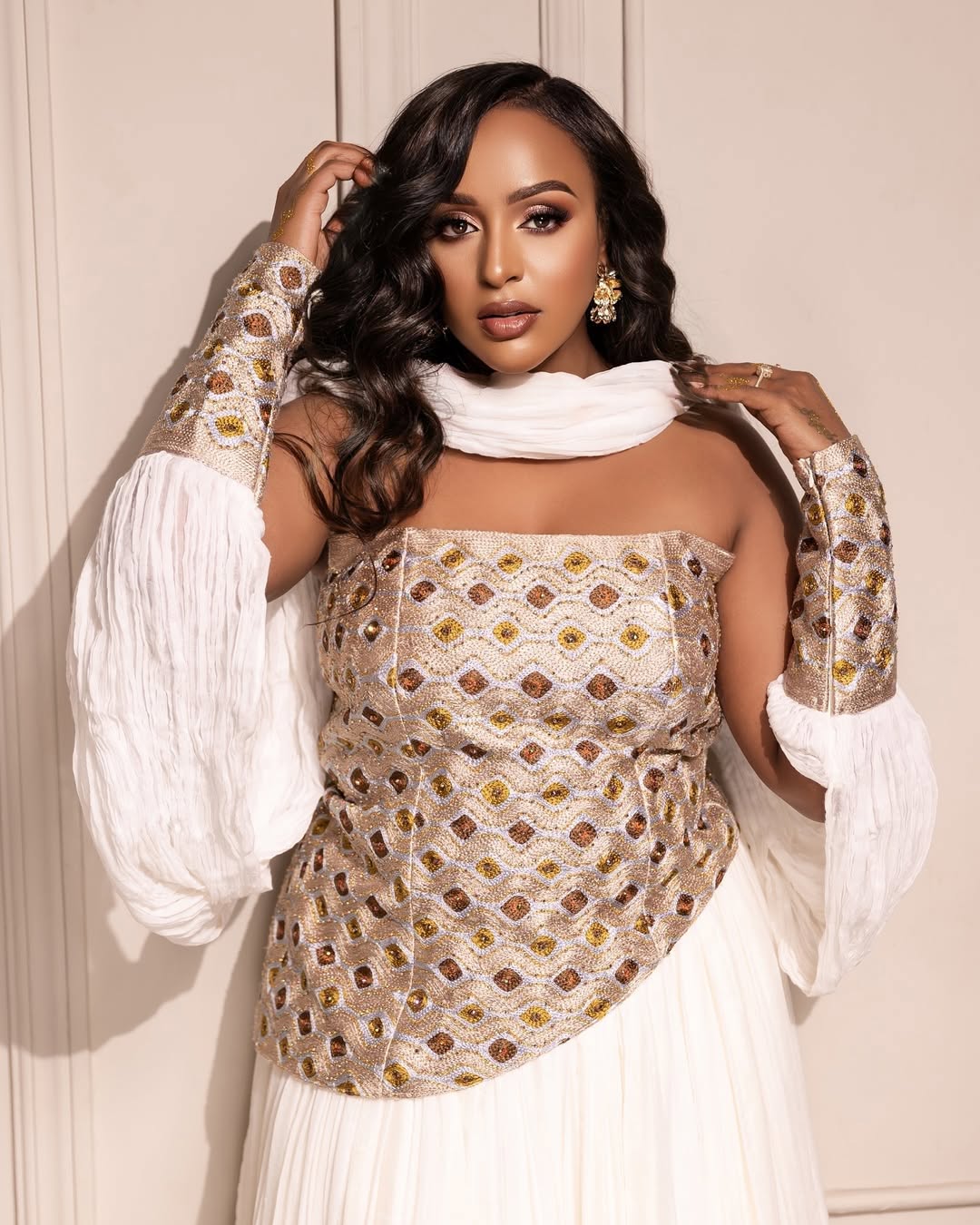 Gold, Brown & Silver Modern Habesha Kemis | Elegant Ethiopian Dress - EthGebya