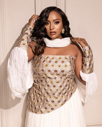 Gold, Brown & Silver Modern Habesha Kemis | Elegant Ethiopian Dress - EthGebya