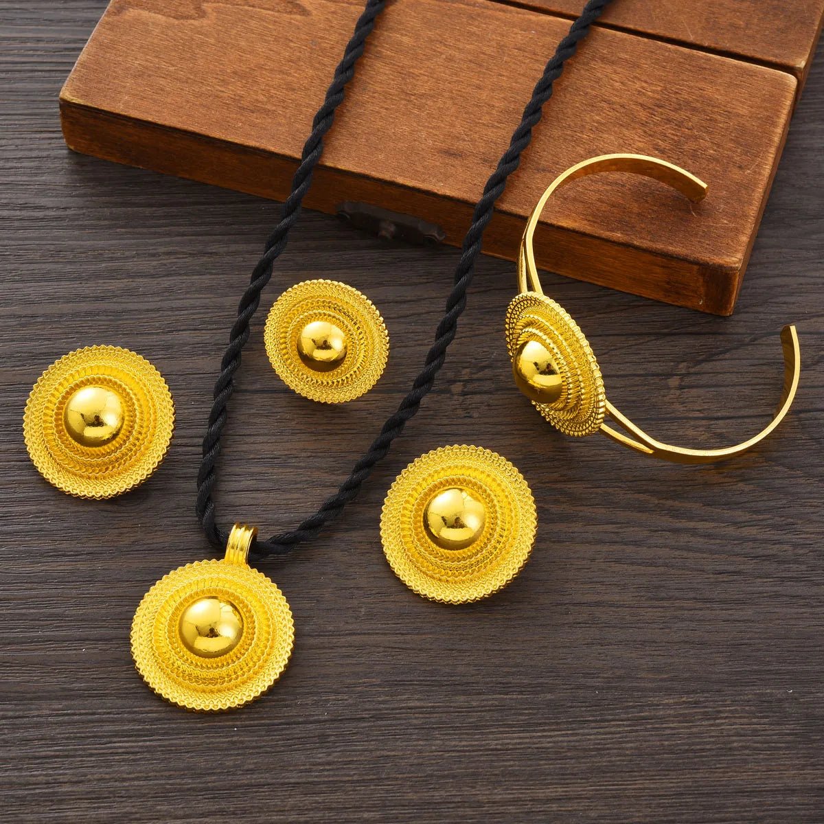 Gold Color Geometry Jewelry Set | Ethiopian Necklace, Ring & Earrings - EthGebya
