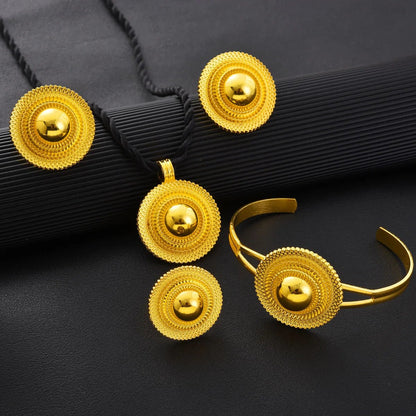 Gold Color Geometry Jewelry Set | Ethiopian Necklace, Ring & Earrings - EthGebya