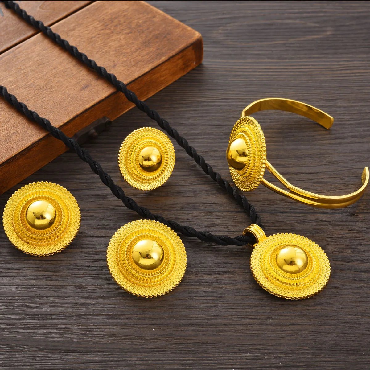 Gold Color Geometry Jewelry Set | Ethiopian Necklace, Ring & Earrings - EthGebya