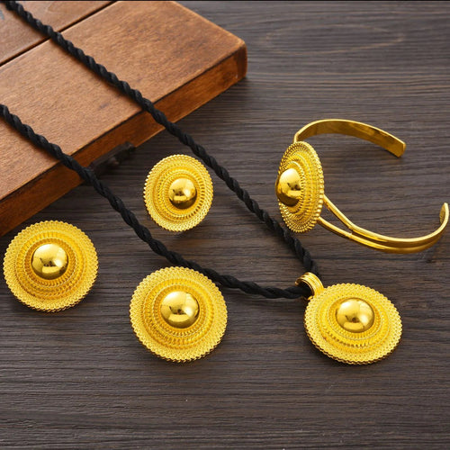 Gold Color Geometry Jewelry Set | Ethiopian Necklace, Ring & Earrings - EthGebya