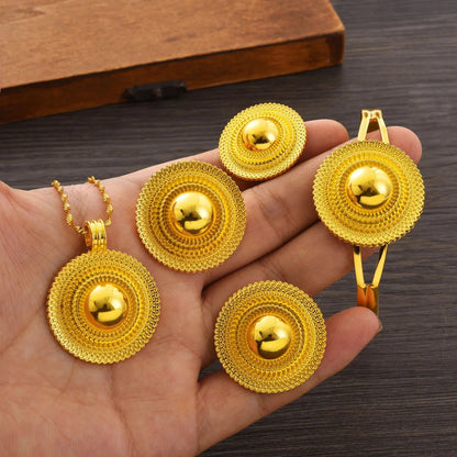 Gold Color Geometry Jewelry Set | Ethiopian Necklace, Ring & Earrings - EthGebya