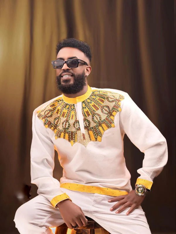 Gold & Green Ethiopian Couple Outfit | Habesha Kemis & Men’s Shirt - EthGebya