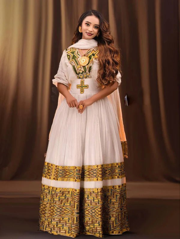 Gold & Green Ethiopian Couple Outfit | Habesha Kemis & Men’s Shirt - EthGebya