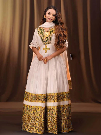 Gold & Green Ethiopian Couple Outfit | Habesha Kemis & Men’s Shirt - EthGebya