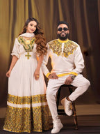 Gold & Green Ethiopian Couple Outfit | Habesha Kemis & Men’s Shirt - EthGebya