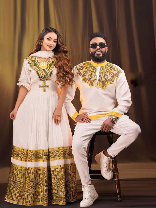 Gold & Green Ethiopian Couple Outfit | Habesha Kemis & Men’s Shirt - EthGebya