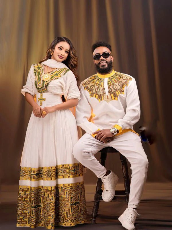 Gold & Green Ethiopian Couple Outfit | Habesha Kemis & Men’s Shirt - EthGebya