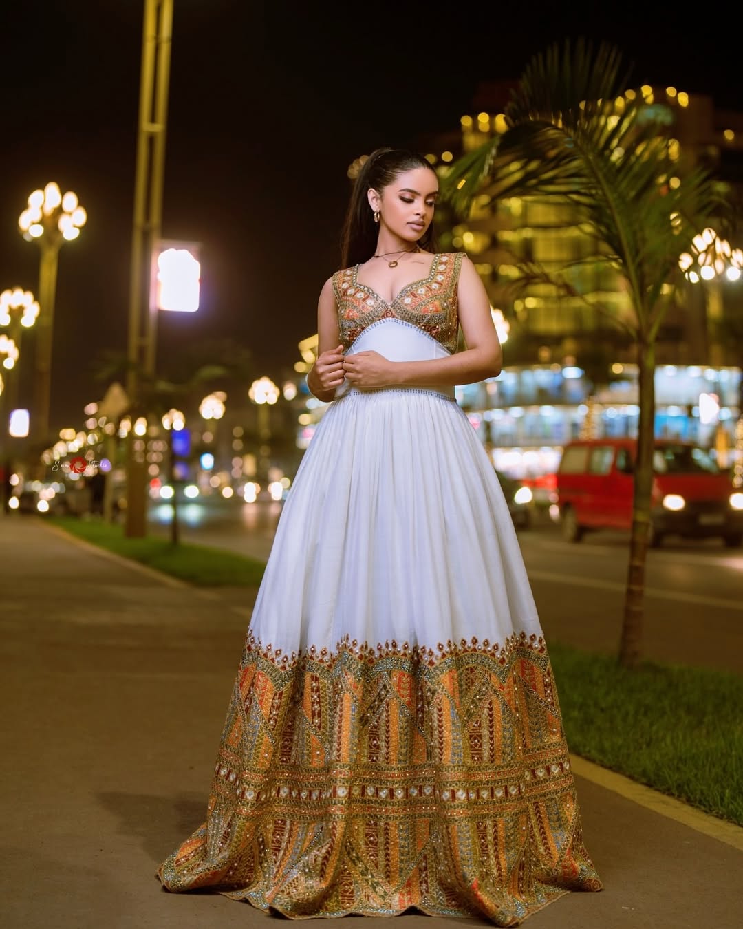 Gold, Orange & Green Modern Habesha Kemis | Stylish Ethiopian Dress - EthGebya