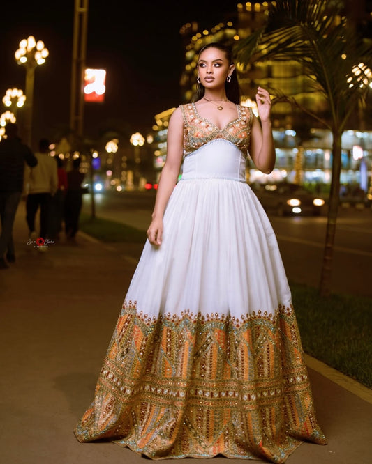 Gold, Orange & Green Modern Habesha Kemis | Stylish Ethiopian Dress - EthGebya