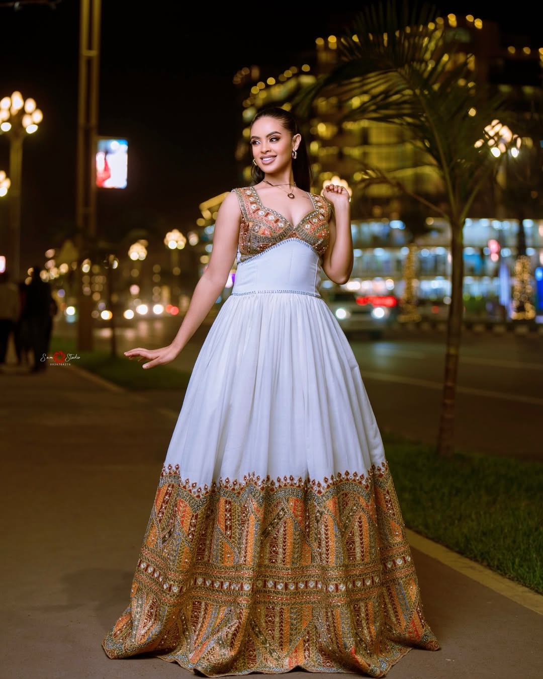 Gold, Orange & Green Modern Habesha Kemis | Stylish Ethiopian Dress - EthGebya