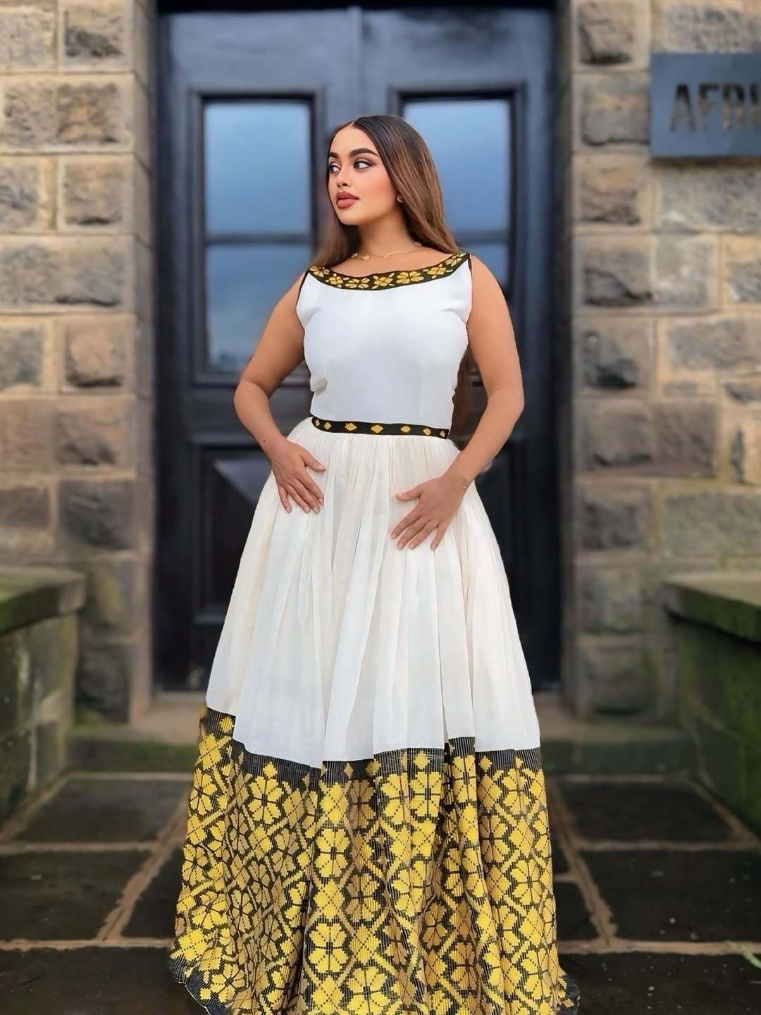 Golden Modern Habesha Zuria Kemis | Traditional Ethiopian Dress - EthGebya