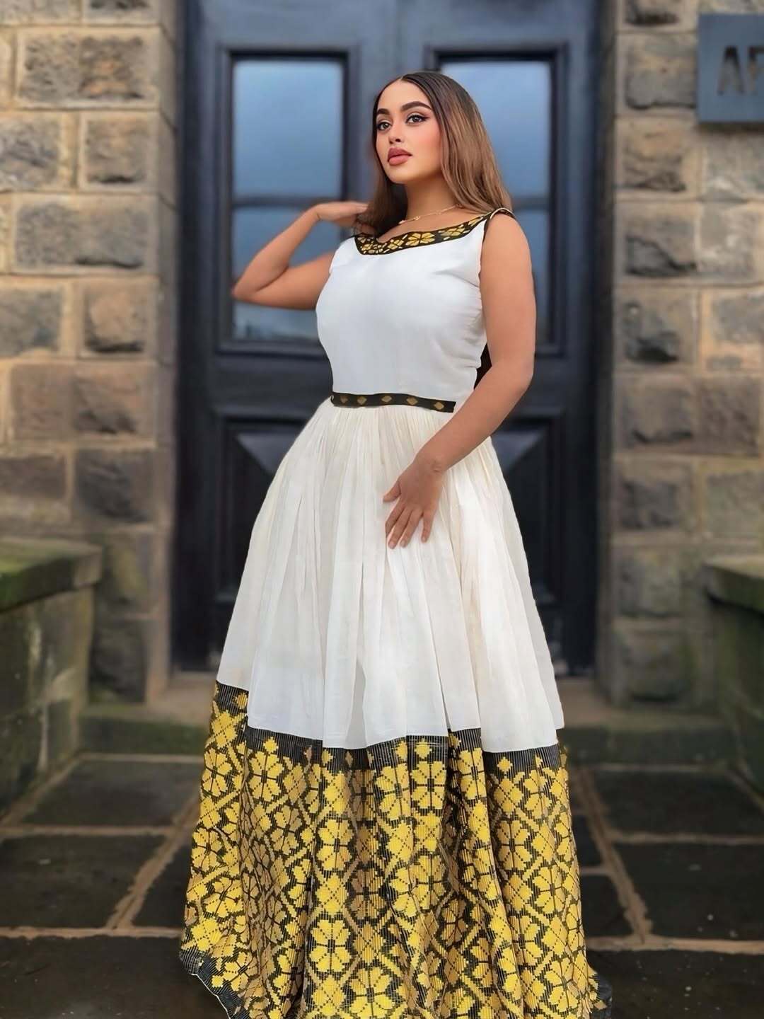 Golden Modern Habesha Zuria Kemis | Traditional Ethiopian Dress - EthGebya
