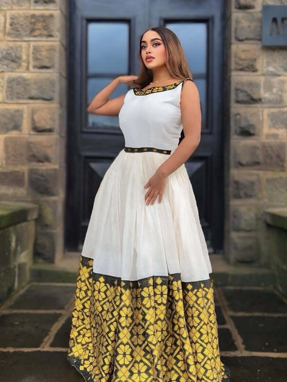 Golden Modern Habesha Zuria Kemis | Traditional Ethiopian Dress - EthGebya