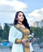 Golden Yellow Axum Fetil Ethiopian Dress | Modern Habesha Kemis - EthGebya
