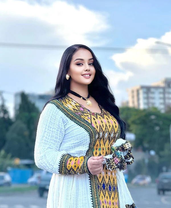 Golden Yellow Axum Fetil Ethiopian Dress | Modern Habesha Kemis - EthGebya